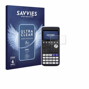Front side of a product packaging with the brand logo Savvies. Next to it is the device Casio FX-CG50 shown with the correspon