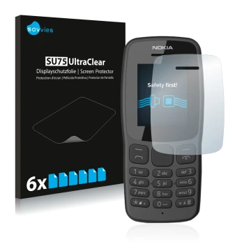 Front side of a product packaging with the brand logo Savvies. Next to it is the device Nokia 106 2018 shown with the correspo