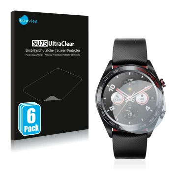 Front side of a product packaging with the brand logo Savvies. Next to it is the device Honor Watch Magic shown with the corre