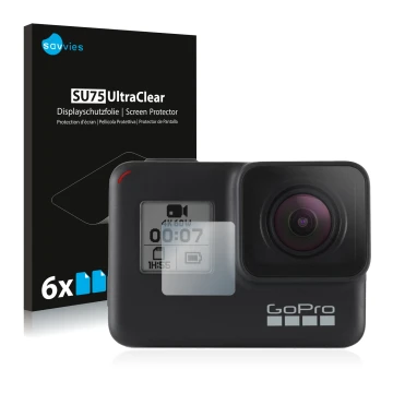 Front side of a product packaging with the brand logo Savvies. Next to it is the device GoPro Hero 7 Black (Front display) sho