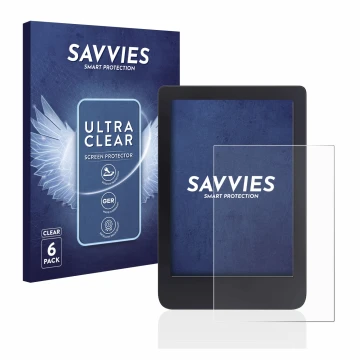 Front side of a product packaging with the brand logo Savvies. Next to it is the device Tolino Shine 3 shown with the correspo