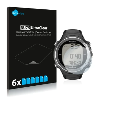 Front side of a product packaging with the brand logo Savvies. Next to it is the device Suunto D4F shown with the correspondin