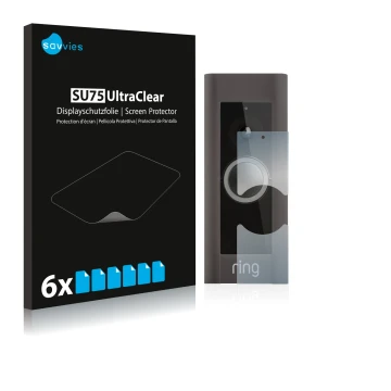 Front side of a product packaging with the brand logo Savvies. Next to it is the device Ring Video Doorbell Pro shown with the