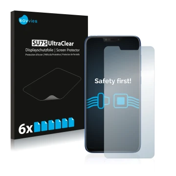 Front side of a product packaging with the brand logo Savvies. Next to it is the device ASUS ZenFone Max (M2) ZB633KL shown wi