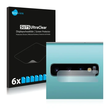 Front side of a product packaging with the brand logo Savvies. Next to it is the device Samsung Galaxy S10 Plus (ONLY Camera L