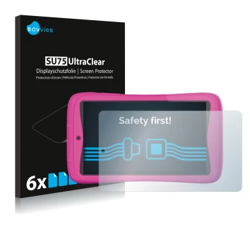 Front side of a product packaging with the brand logo Savvies. Next to it is the device Kurio Connect 7