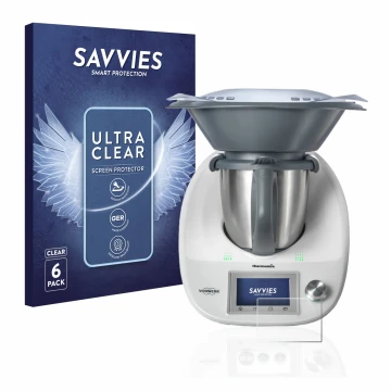 Front side of a product packaging with the brand logo Savvies. Next to it is the device Vorwerk Bimby TM5 shown with the corre