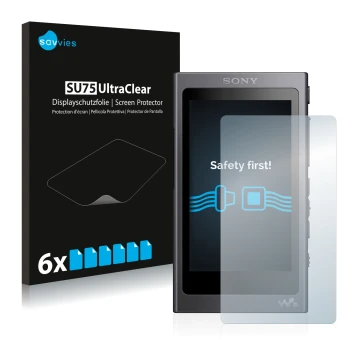 Front side of a product packaging with the brand logo Savvies. Next to it is the device Sony Walkman A40 shown with the corres