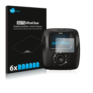 Front side of a product packaging with the brand logo Savvies. Next to it is the device Fujifilm Instax Square SQ20 shown with