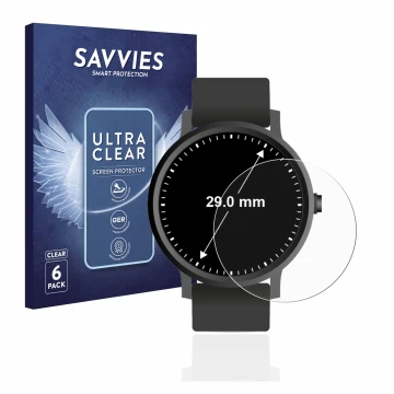 Front side of a product packaging with the brand logo Savvies. Next to it is the device Circular Displays (ø: 29 mm) shown wit