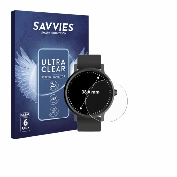 Front side of a product packaging with the brand logo Savvies. Next to it is the device Circular Displays (ø: 38 mm) shown wit