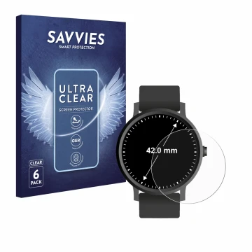Front side of a product packaging with the brand logo Savvies. Next to it is the device Circular Displays (ø: 42 mm) shown wit