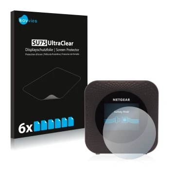 Front side of a product packaging with the brand logo Savvies. Next to it is the device Netgear Nighthawk M1 shown with the co
