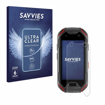 Front side of a product packaging with the brand logo Savvies. Next to it is the device Unihertz Atom shown with the correspon
