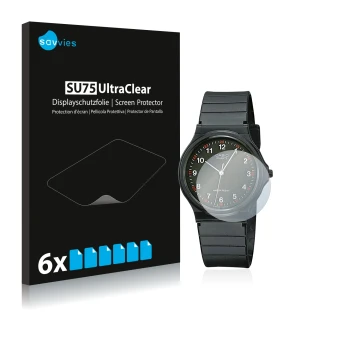 Front side of a product packaging with the brand logo Savvies. Next to it is the device Casio Unisex MQ-24 shown with the corr