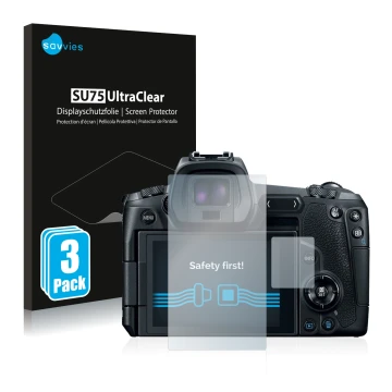 Front side of a product packaging with the brand logo Savvies. Next to it is the device Canon EOS R shown with the correspondi