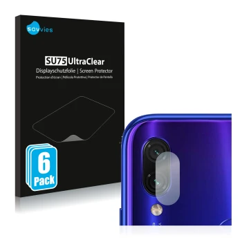 Front side of a product packaging with the brand logo Savvies. Next to it is the device Xiaomi Redmi Note 7 (ONLY Camera Lens)