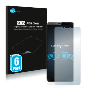 Front side of a product packaging with the brand logo Savvies. Next to it is the device Cubot X19 shown with the corresponding