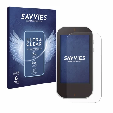 Front side of a product packaging with the brand logo Savvies. Next to it is the device Garmin Approach G80 shown with the cor