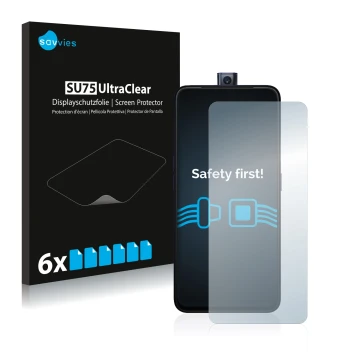Front side of a product packaging with the brand logo Savvies. Next to it is the device Oppo F11 Pro shown with the correspond