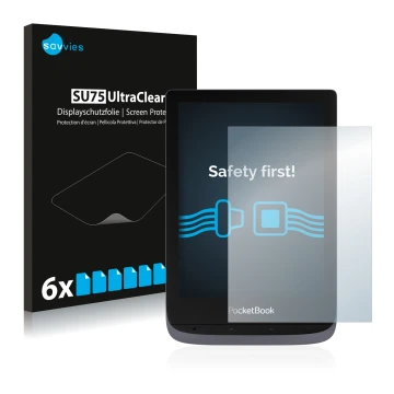Front side of a product packaging with the brand logo Savvies. Next to it is the device PocketBook Touch HD 3 shown with the c