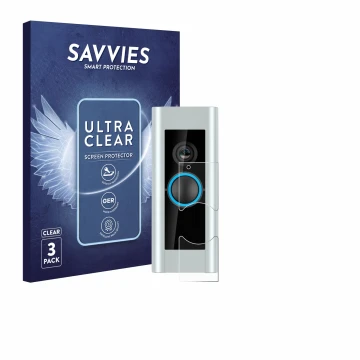 Front side of a product packaging with the brand logo Savvies. Next to it is the device Ring Video Doorbell Pro (Version 2) sh