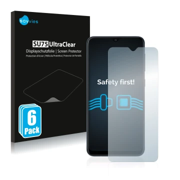 Front side of a product packaging with the brand logo Savvies. Next to it is the device Samsung Galaxy A10 shown with the corr