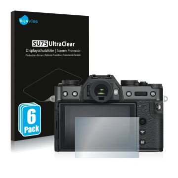 Front side of a product packaging with the brand logo Savvies. Next to it is the device Fujifilm X-T30 shown with the correspo