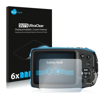 Front side of a product packaging with the brand logo Savvies. Next to it is the device Fujifilm FinePix XP140 shown with the 