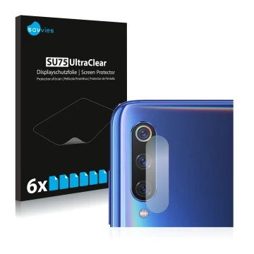 Front side of a product packaging with the brand logo Savvies. Next to it is the device Xiaomi Mi 9 (ONLY Camera Lens) shown w