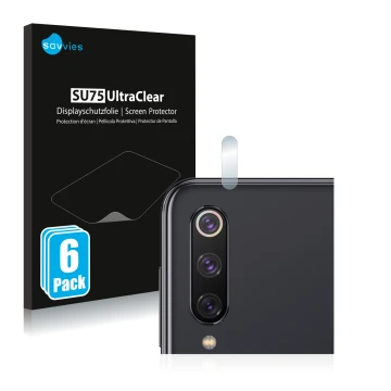 Front side of a product packaging with the brand logo Savvies. Next to it is the device Xiaomi Mi 9 SE (ONLY Camera Lens) show