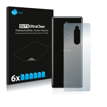 Front side of a product packaging with the brand logo Savvies. Next to it is the device Sony Xperia 1 (Back) shown with the co