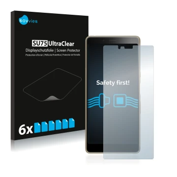 Front side of a product packaging with the brand logo Savvies. Next to it is the device Sony Xperia L3 shown with the correspo