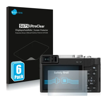 Front side of a product packaging with the brand logo Savvies. Next to it is the device Panasonic Lumix DC-TZ96 shown with the
