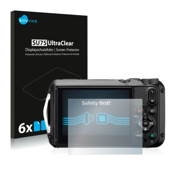 Front side of a product packaging with the brand logo Savvies. Next to it is the device Ricoh WG-6 shown with the correspondin