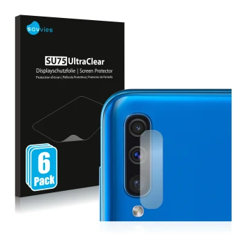 Front side of a product packaging with the brand logo Savvies. Next to it is the device Samsung Galaxy A50 (ONLY Camera Lens) 