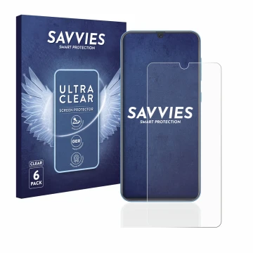 Front side of a product packaging with the brand logo Savvies. Next to it is the device Samsung Galaxy A40 shown with the corr