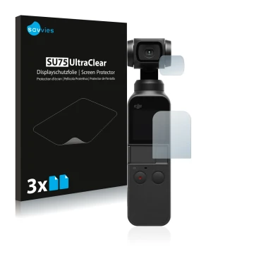 Front side of a product packaging with the brand logo Savvies. Next to it is the device DJI Osmo Pocket (Display + Lens) shown