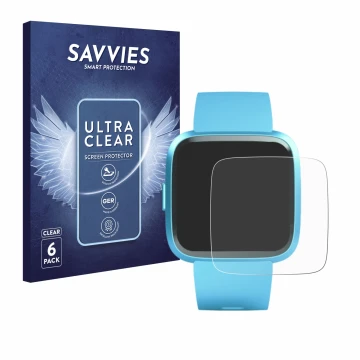 Front side of a product packaging with the brand logo Savvies. Next to it is the device Fitbit Versa Lite Edition shown with t