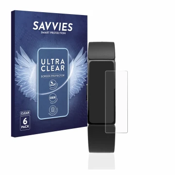 Front side of a product packaging with the brand logo Savvies. Next to it is the device Fitbit Inspire shown with the correspo