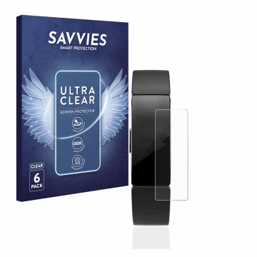 Front side of a product packaging with the brand logo Savvies. Next to it is the device Fitbit Inspire HR shown with the corre