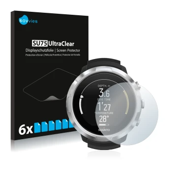 Front side of a product packaging with the brand logo Savvies. Next to it is the device Suunto D6 Support shown with the corre