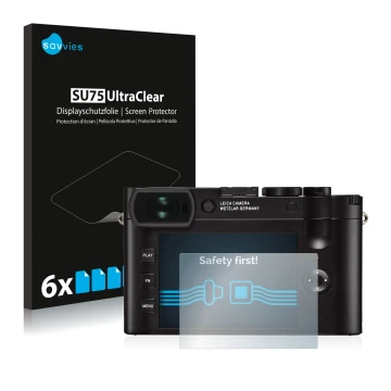 Front side of a product packaging with the brand logo Savvies. Next to it is the device Leica Q2 shown with the corresponding 