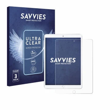 Front side of a product packaging with the brand logo Savvies. Next to it is the device Apple iPad Air 2019 (3th Gen.) shown w