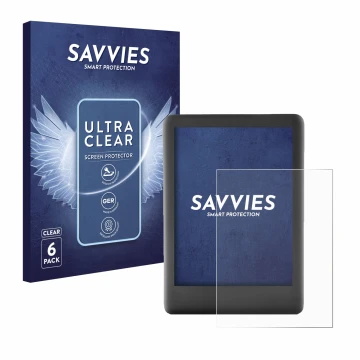 Front side of a product packaging with the brand logo Savvies. Next to it is the device Amazon Kindle 2019 (10th Gen.) shown w