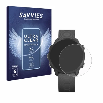 Front side of a product packaging with the brand logo Savvies. Next to it is the device Garmin Forerunner 245 Music shown with