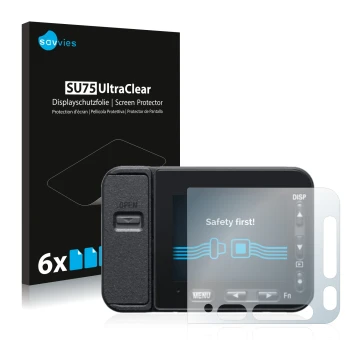 Front side of a product packaging with the brand logo Savvies. Next to it is the device Sony DSC-RX0M2 (RX0 II) shown with the