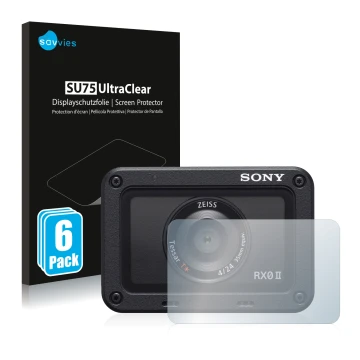 Front side of a product packaging with the brand logo Savvies. Next to it is the device Sony DSC-RX0M2 (RX0 II) (Lens) shown w