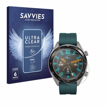 Front side of a product packaging with the brand logo Savvies. Next to it is the device Huawei Watch GT Active shown with the 