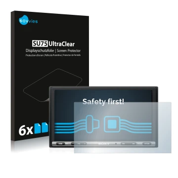 Front side of a product packaging with the brand logo Savvies. Next to it is the device Sony XAV-AX3005DB shown with the corre